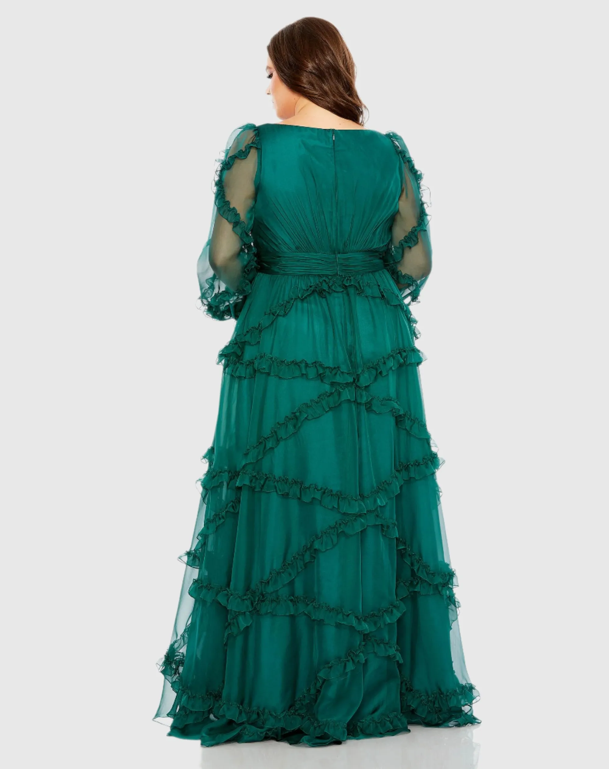 Green V Neck Ruffle Tiered Puff Sleeve Gown (Plus) sold by Mac Duggal product image thumbnail 3