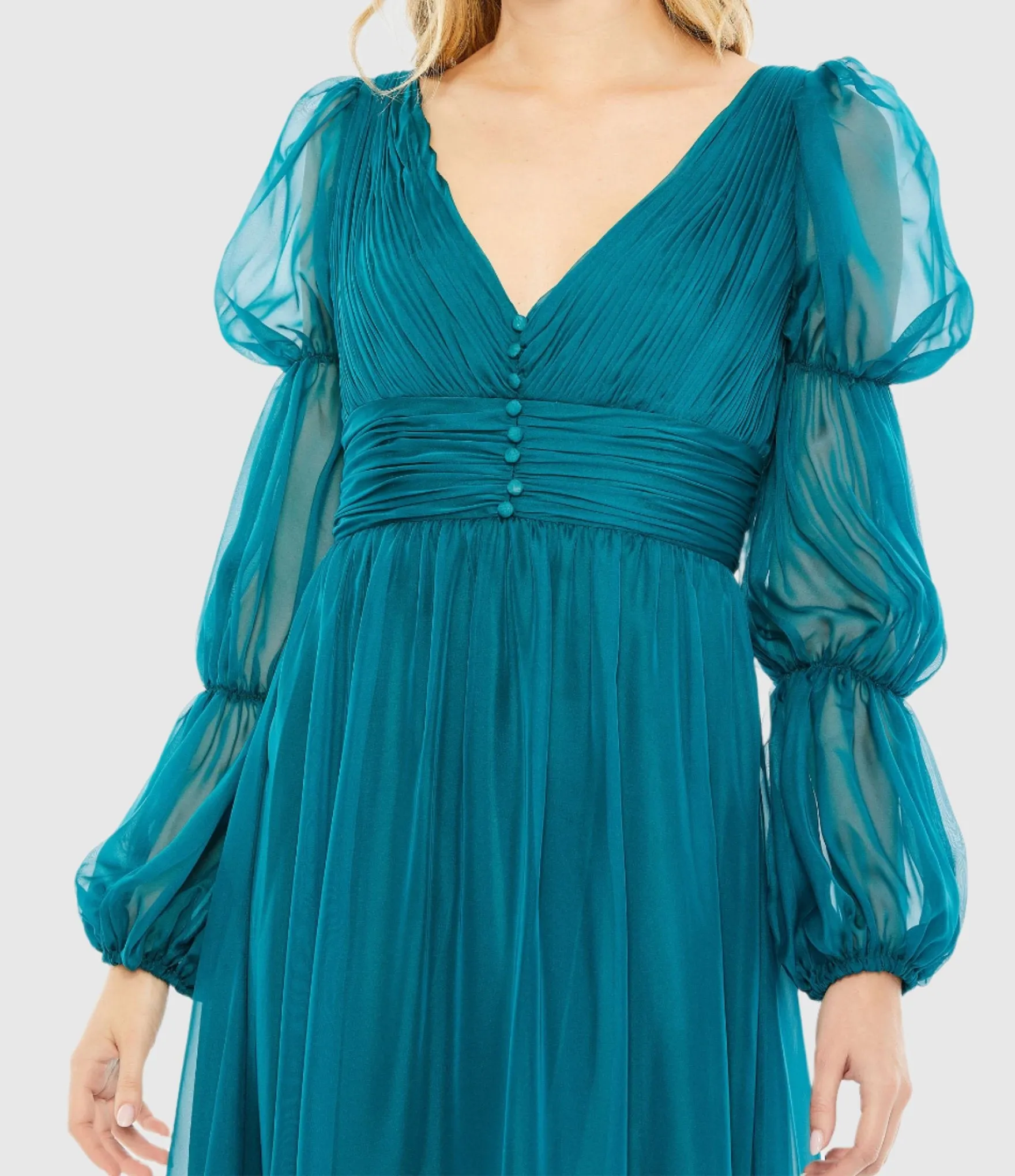 Teal Chiffon Ruched Tiered Puff Sleeve A Line Dress sold by Mac Duggal product image thumbnail 2