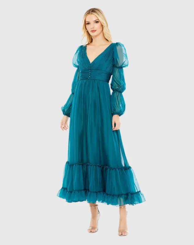 Teal Chiffon Ruched Tiered Puff Sleeve A Line Dress sold by Mac Duggal