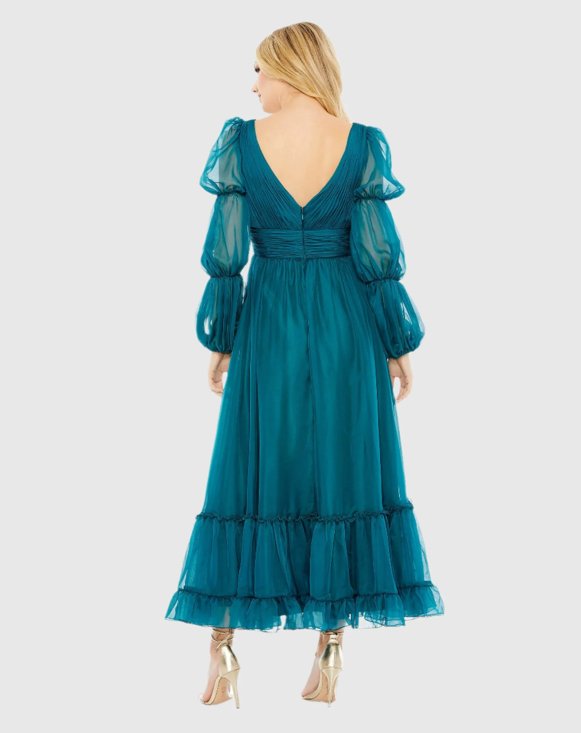 Teal Chiffon Ruched Tiered Puff Sleeve A Line Dress sold by Mac Duggal product image thumbnail 3