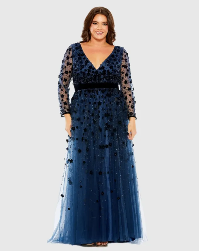 Navy Floral Applique Long Sleeve A Line Gown sold by Mac Duggal
