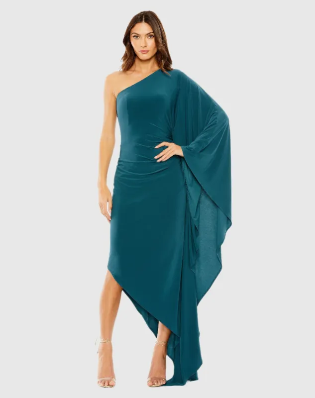One Shoulder Cape Sleeve Ruched Detail Jersey Gown sold by Mac Duggal