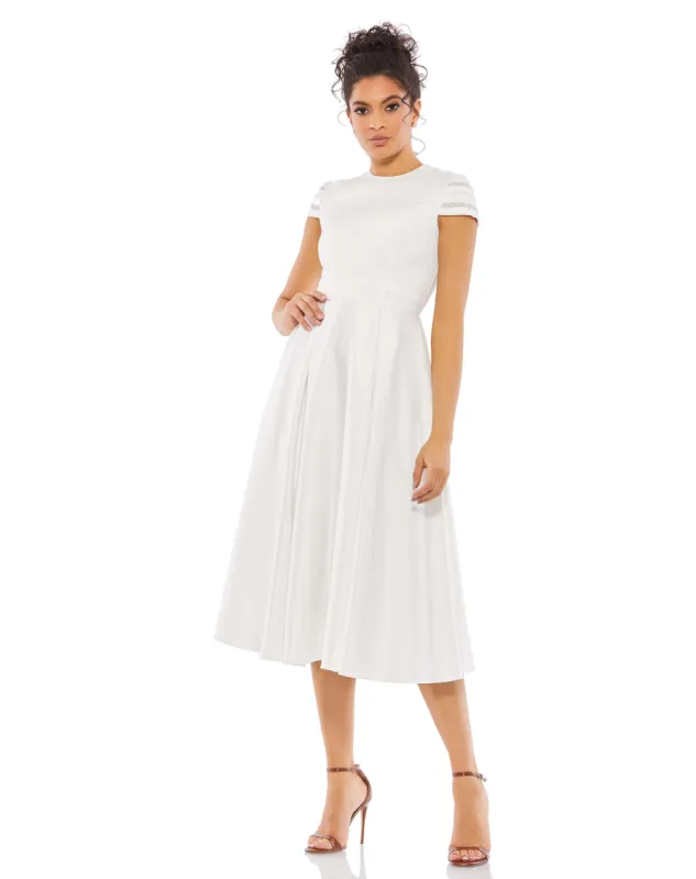 White High Neck Cap Sleeve Tea Length Dress sold by Mac Duggal