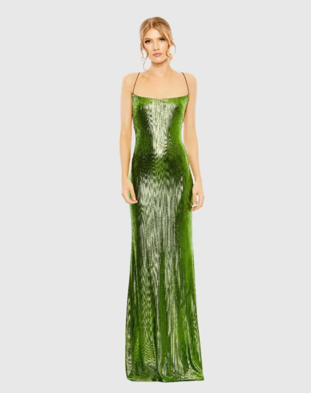 Green Metallic Corset Back Column Gown sold by Mac Duggal