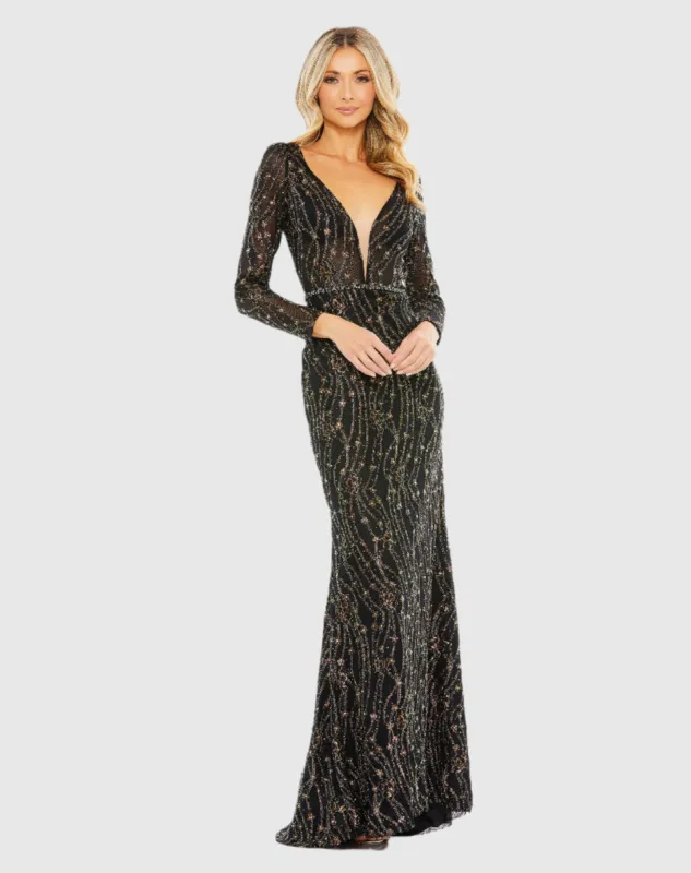 Black Embellished Long Sleeve Plunge Trumpet Gown sold by Mac Duggal