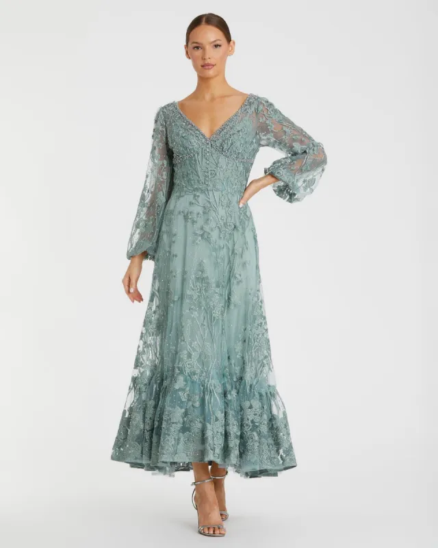 V-Neck Mesh Puff Sleeve A Line Embellished Tea Length Dress sold by Mac Duggal