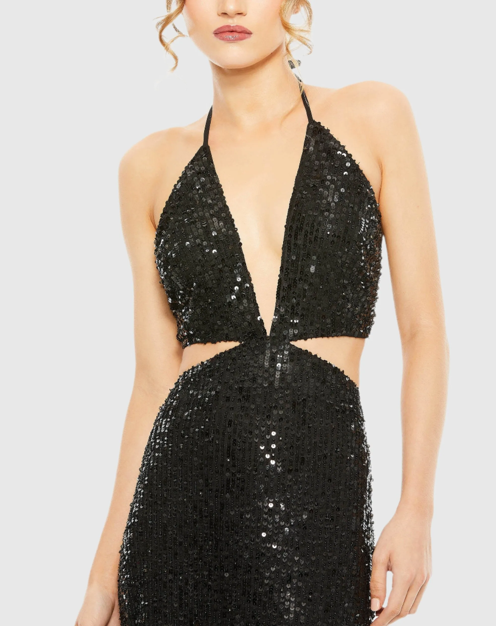 Black Cut Out Halter Tie Back Sequin Gown sold by Mac Duggal product image thumbnail 2