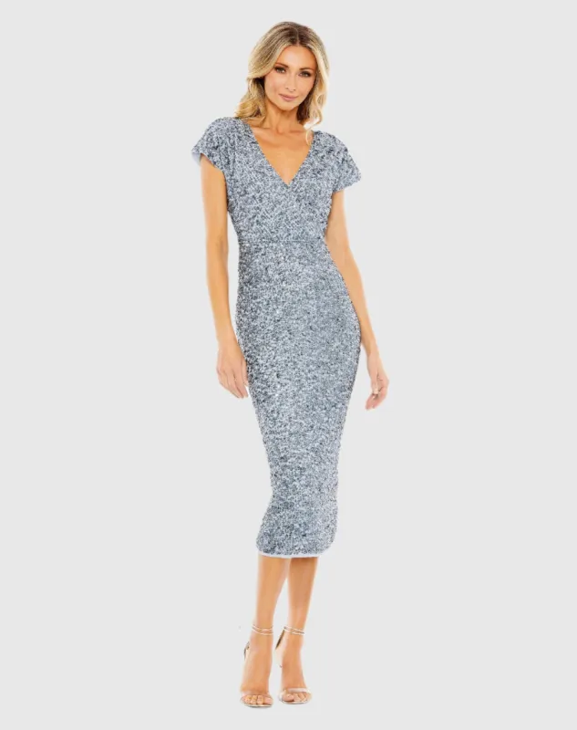 Blue Sequined Cap Sleeve Wrap Over Cocktail Dress sold by Mac Duggal