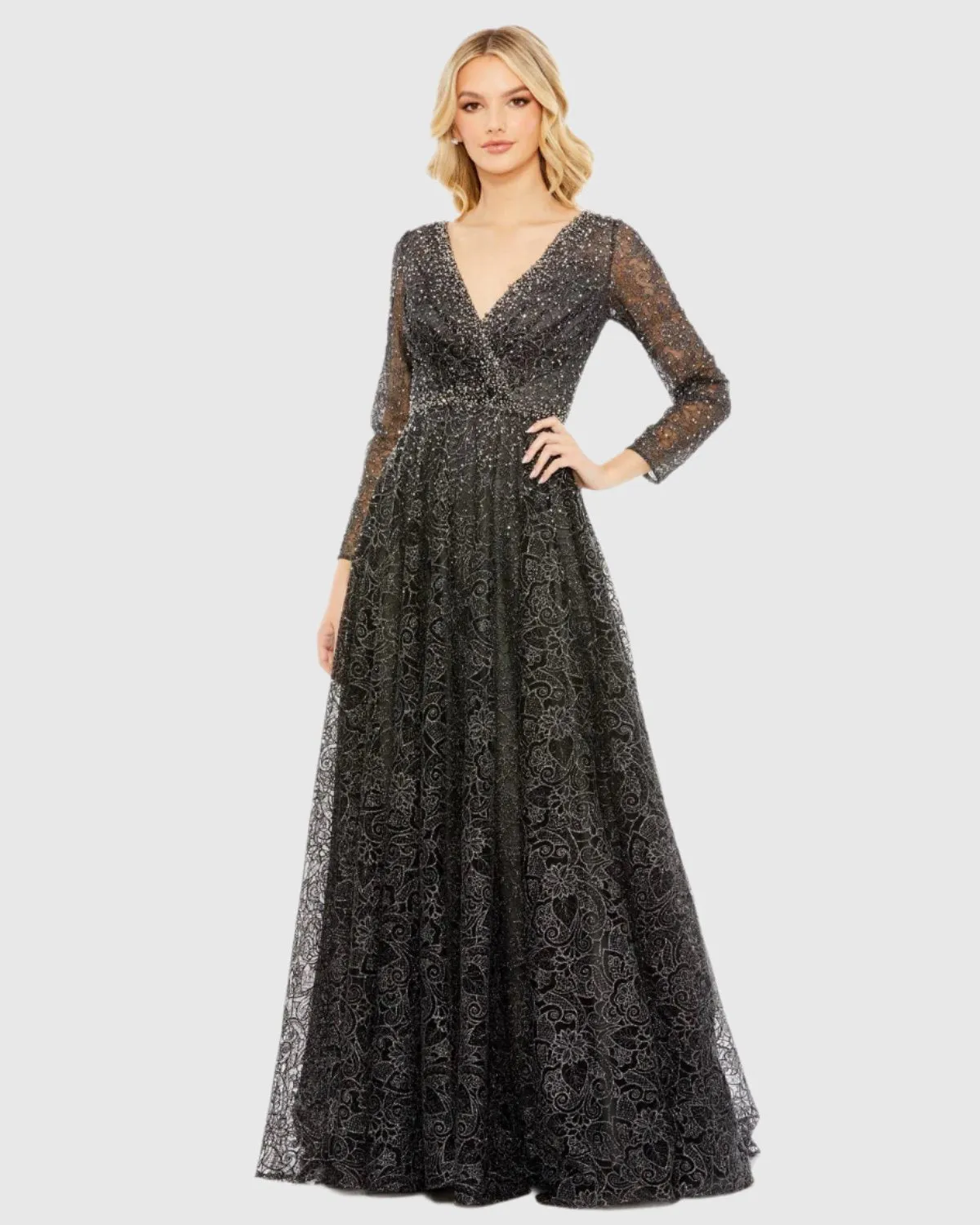 Embellished Illusion Long Sleeve V Neck Gown sold by Mac Duggal