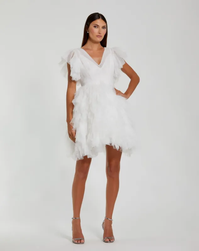 White Flutter Ruffle Sleeve Tiered Dress sold by Mac Duggal