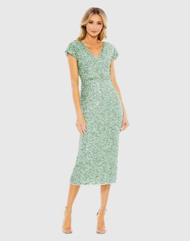 Green Sequined Cap Sleeve Wrap Over Cocktail Dress sold by Mac Duggal