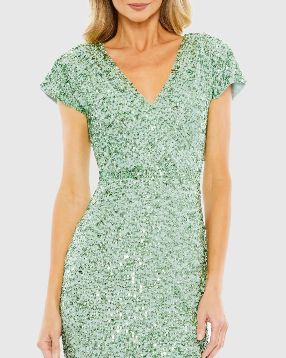 Green Sequined Cap Sleeve Wrap Over Cocktail Dress sold by Mac Duggal product image thumbnail 2