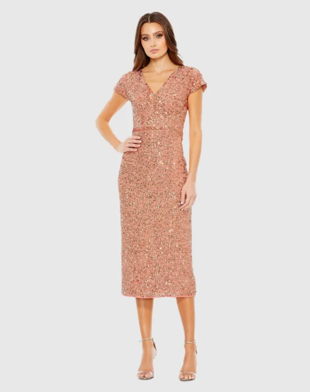 Orange Sequined Cap Sleeve Wrap Over Cocktail Dress sold by Mac Duggal