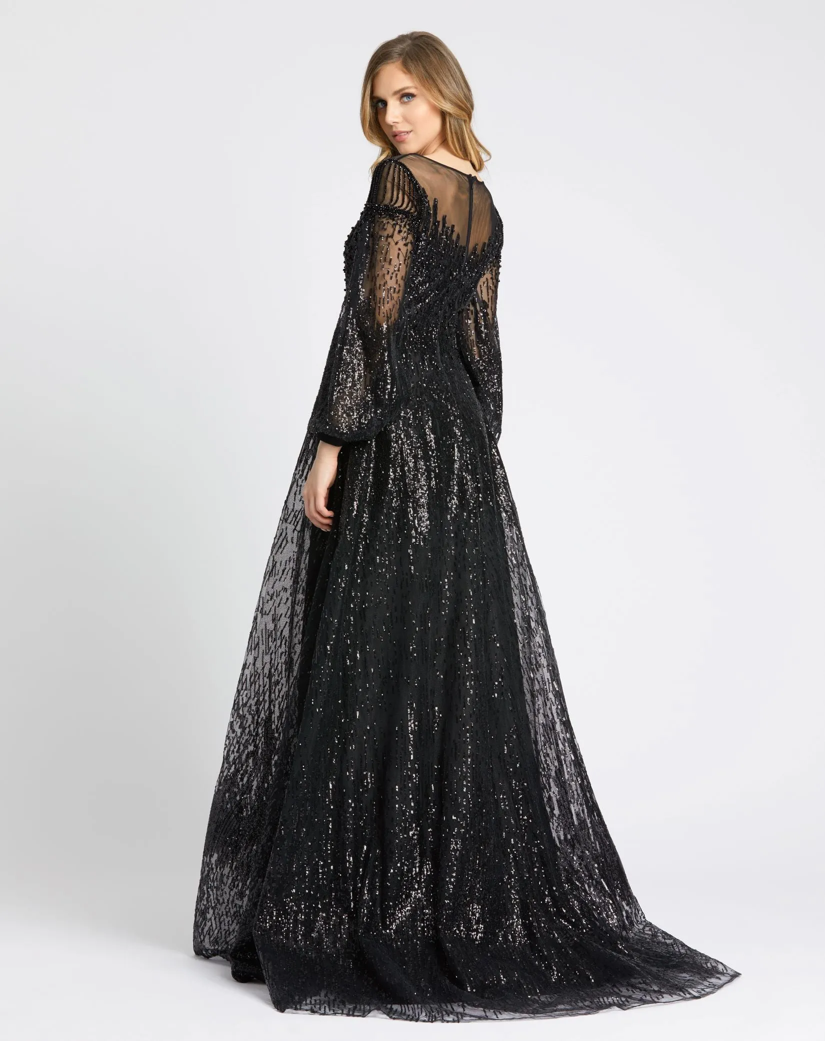 Black Jewel Encrusted Illusion Long Sleeve A Line Gown sold by Mac Duggal product image thumbnail 3