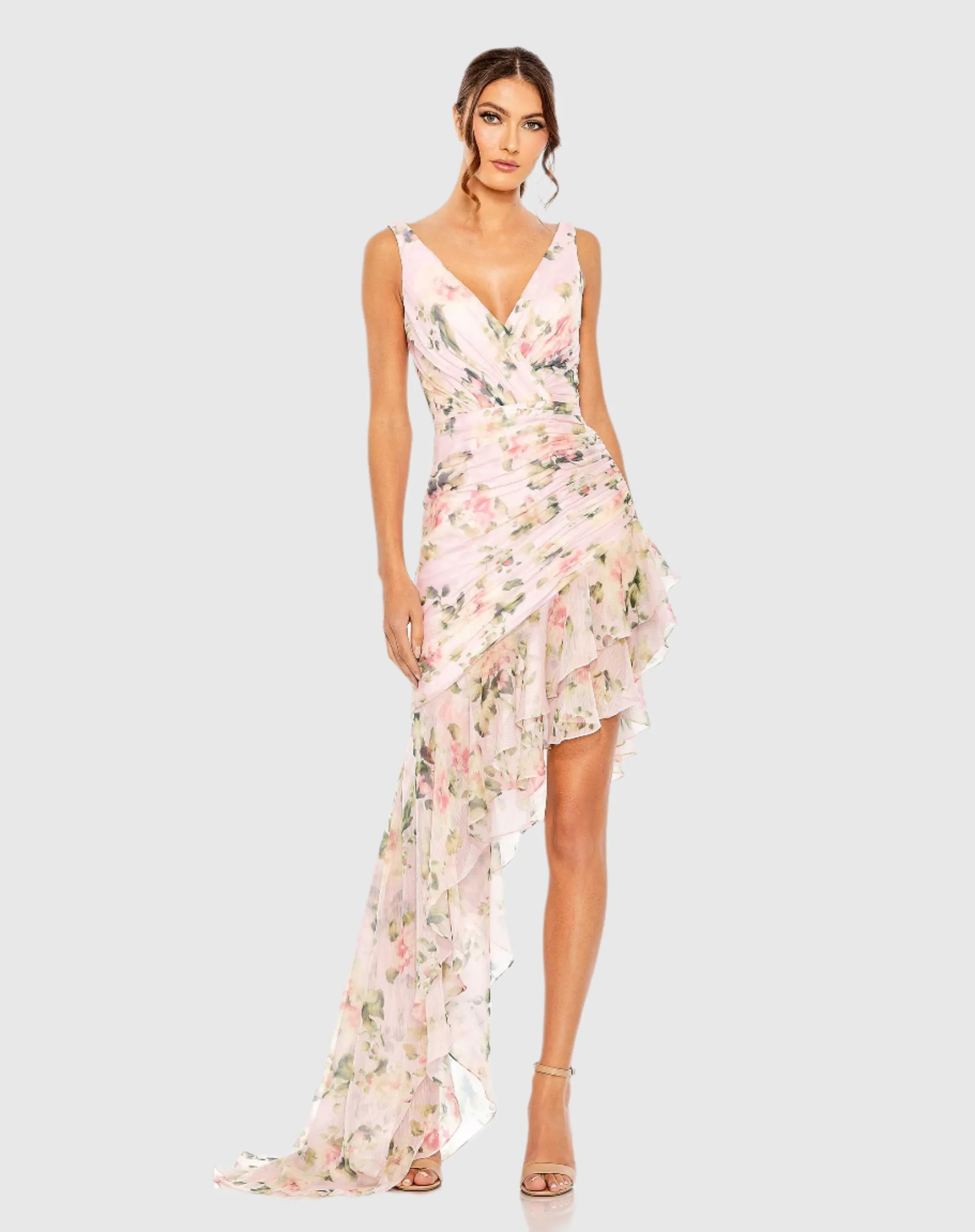 Pink Floral Print Asymmetrical Ruffle Hem Dress sold by Mac Duggal
