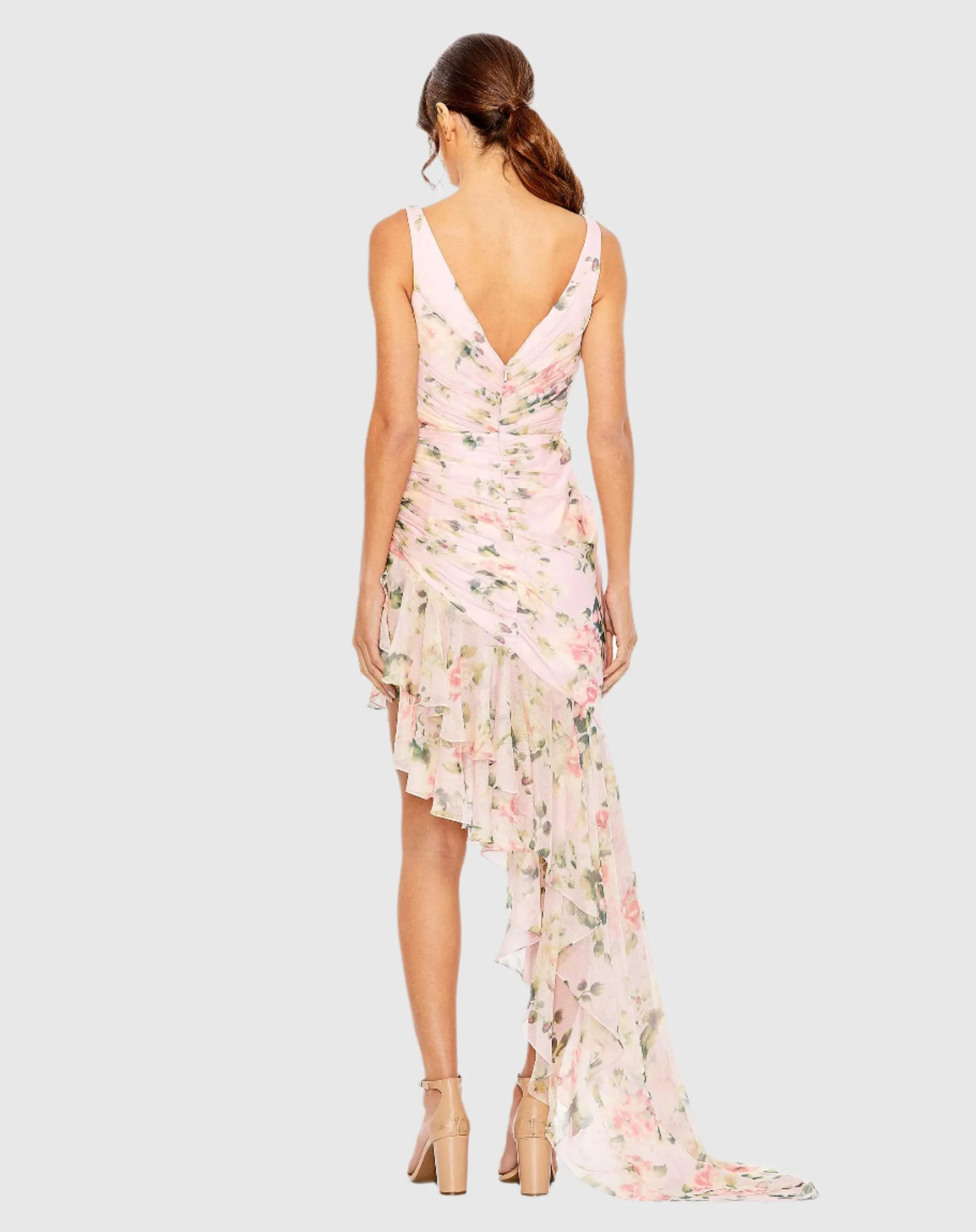 Pink Floral Print Asymmetrical Ruffle Hem Dress sold by Mac Duggal product image thumbnail 3