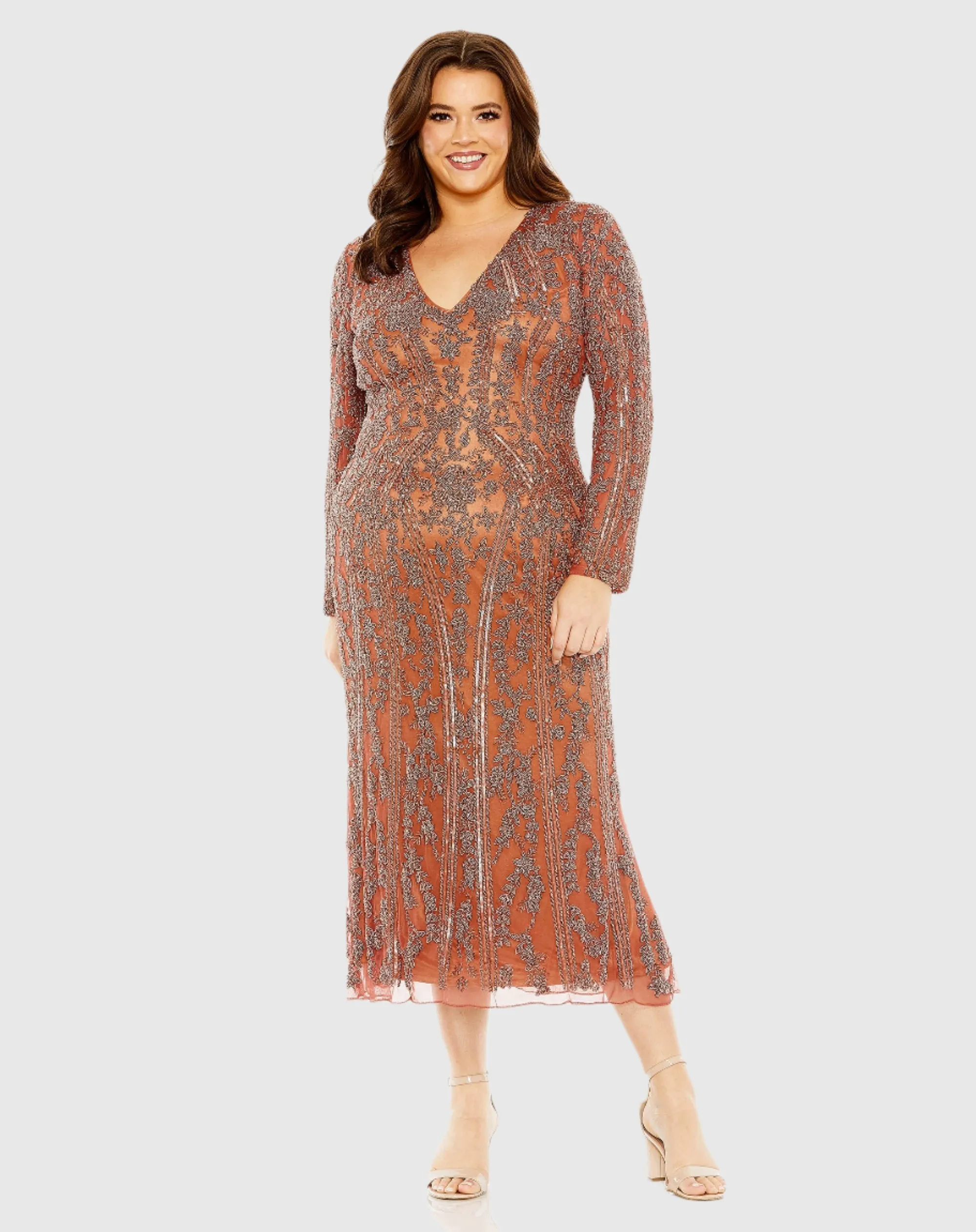 Orange Long Sleeve Embellished Dress (Plus) sold by Mac Duggal