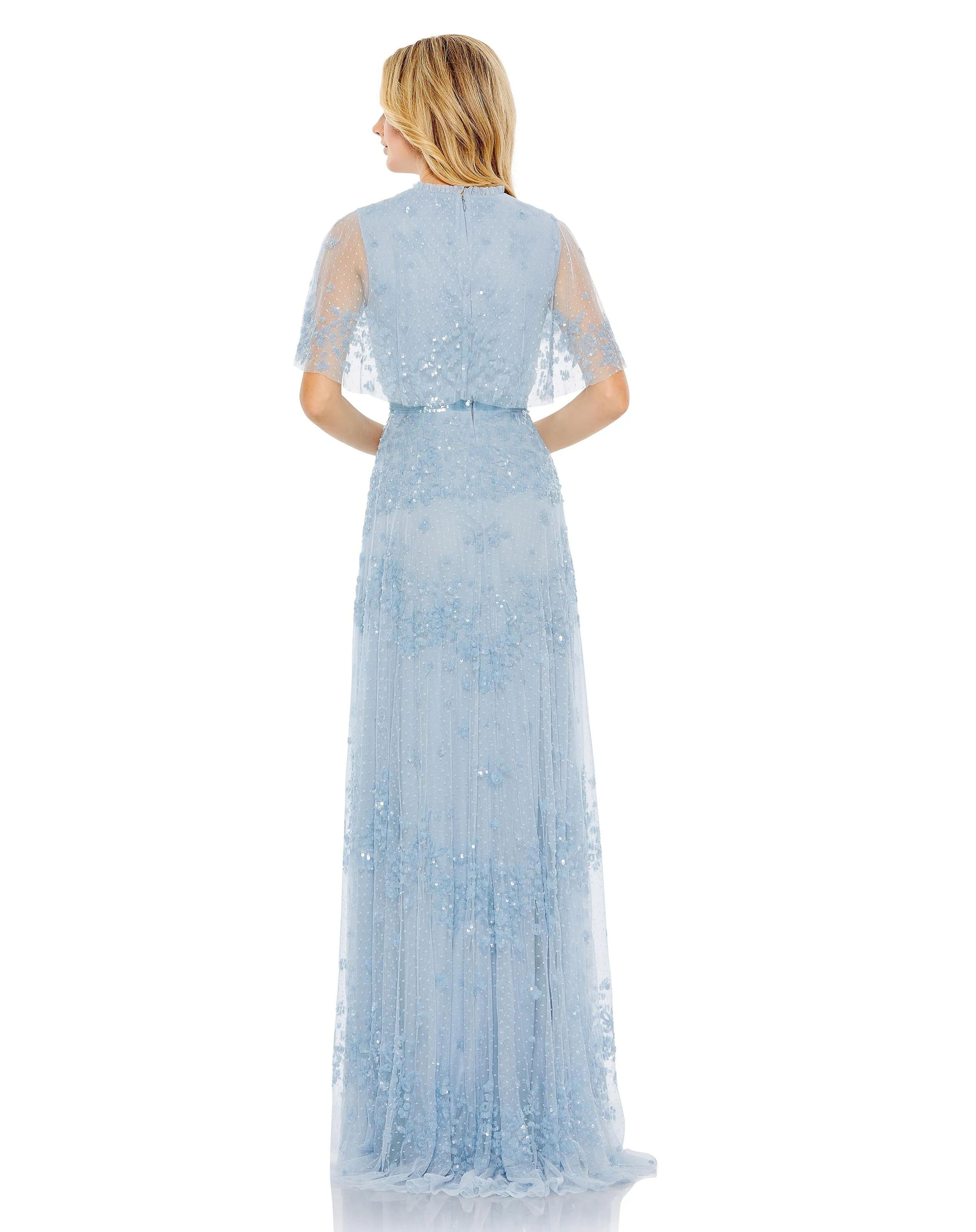Blue Sequined High Neck Flutter Sleeve A Line Gown sold by Mac Duggal product image thumbnail 3