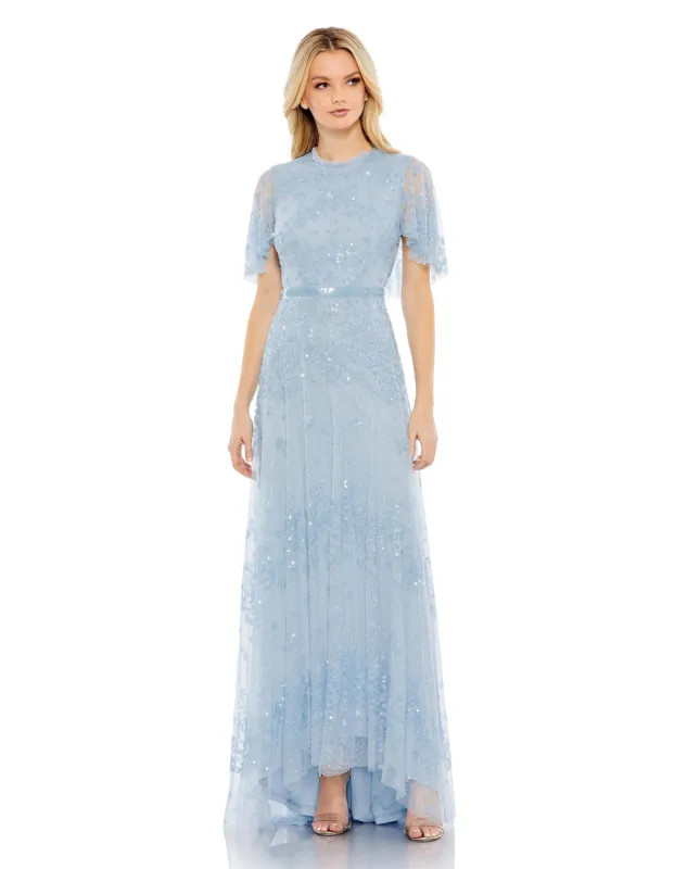 Blue Sequined High Neck Flutter Sleeve A Line Gown sold by Mac Duggal