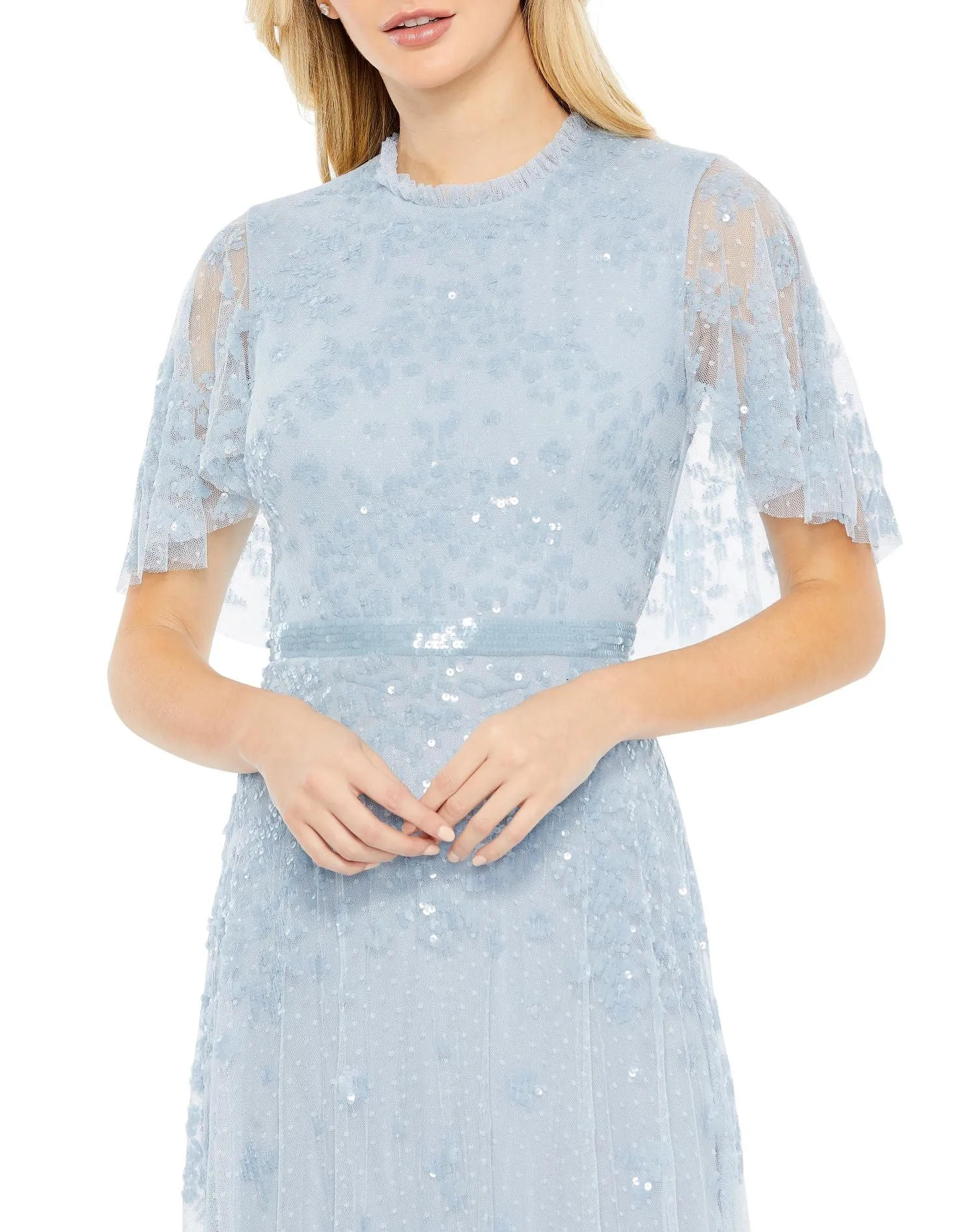 Blue Sequined High Neck Flutter Sleeve A Line Gown sold by Mac Duggal product image thumbnail 2