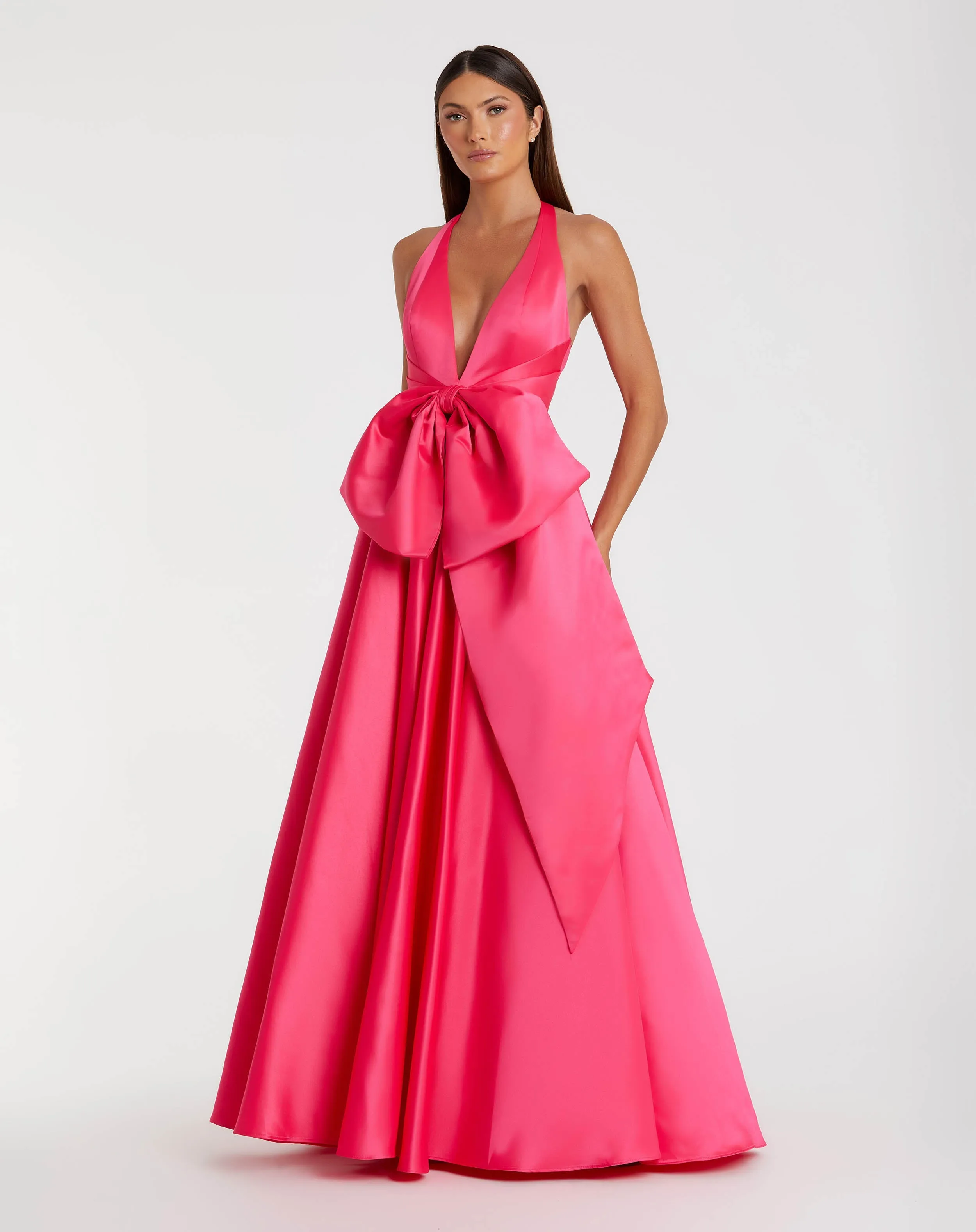 Pink Deep V Satin Ballgown with Oversized Bow sold by Mac Duggal
