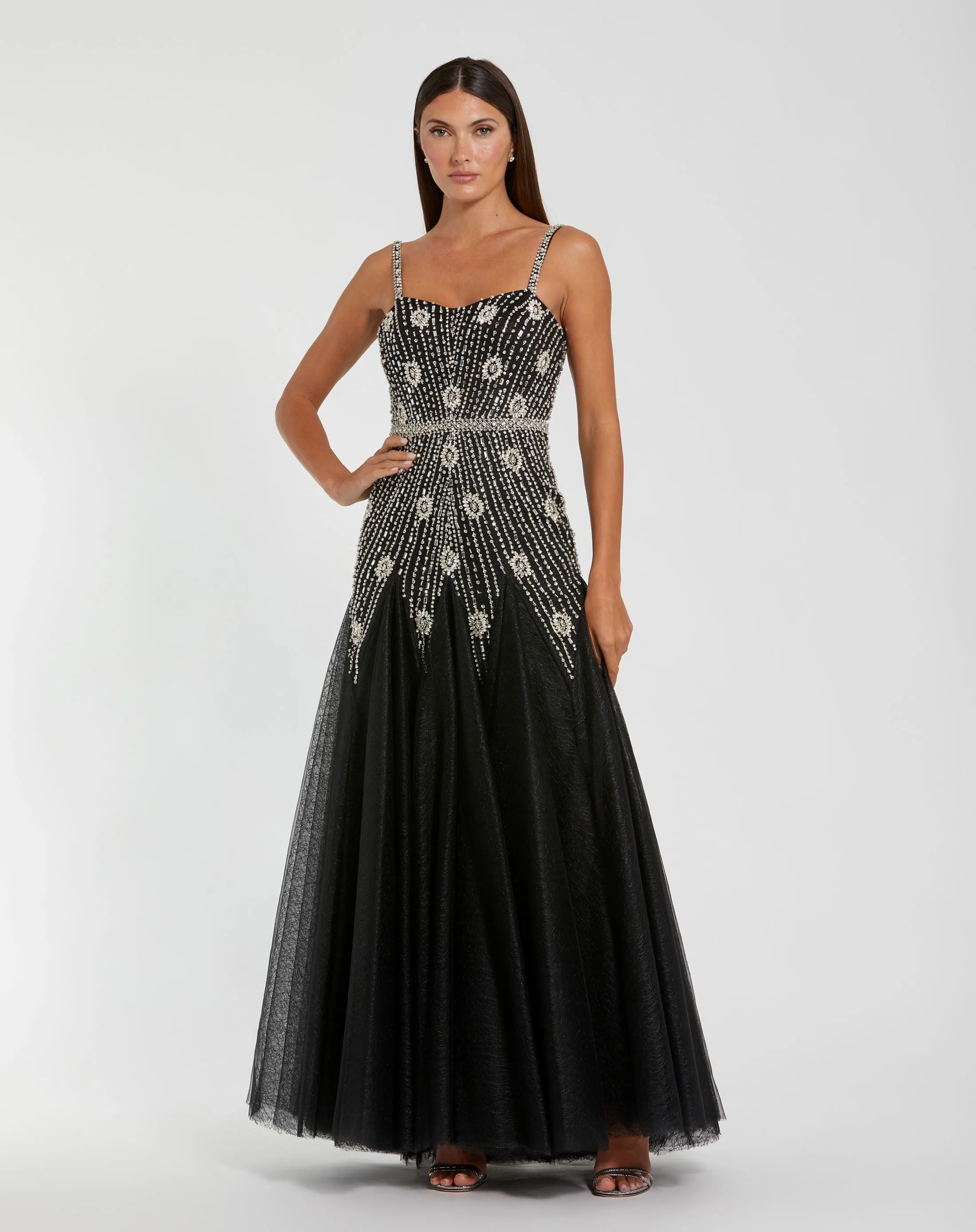 Black Slim Strap Embellished Bustier Gown sold by Mac Duggal