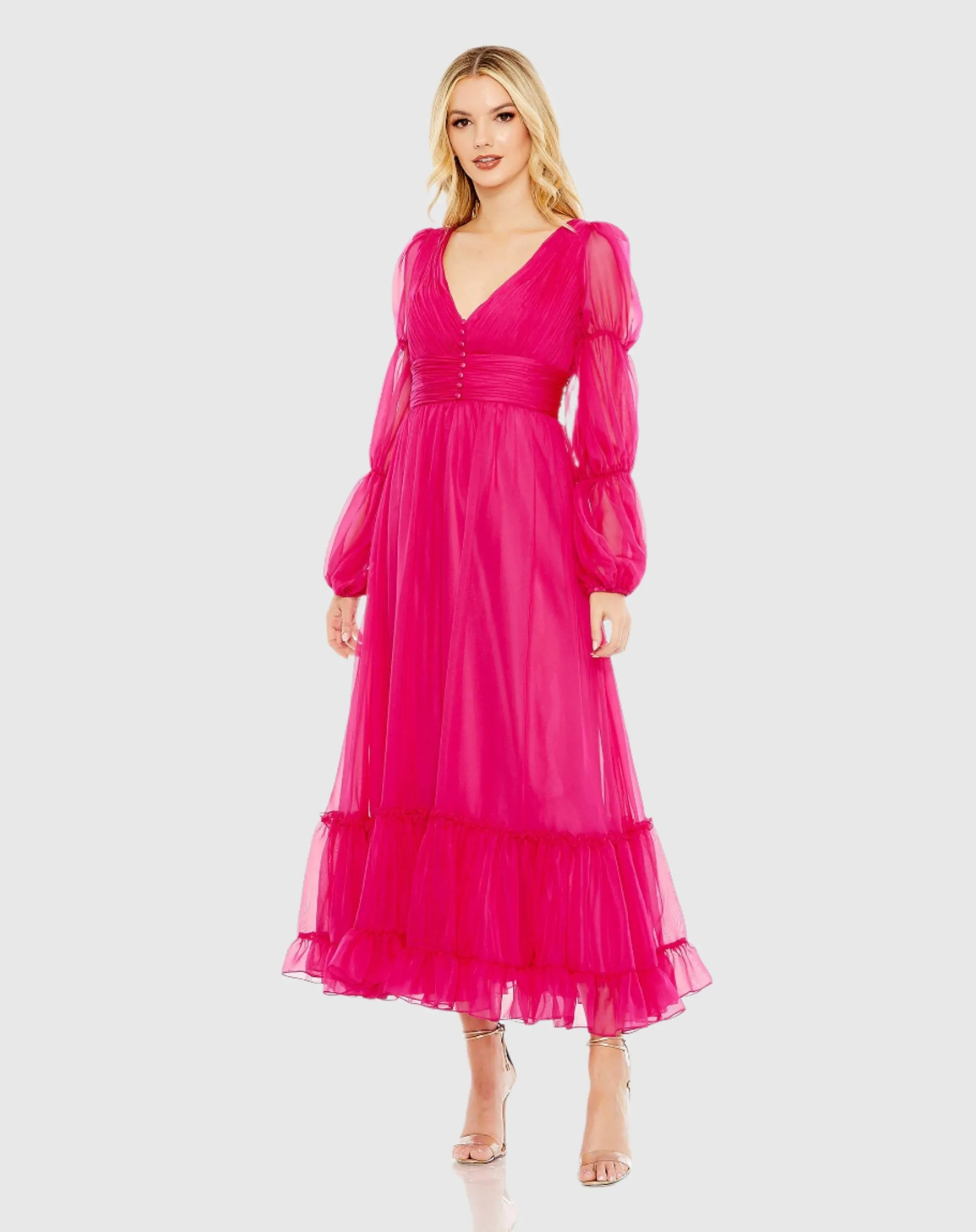 Chiffon Ruched Tiered Puff Sleeve A Line Dress sold by Mac Duggal product image thumbnail 2