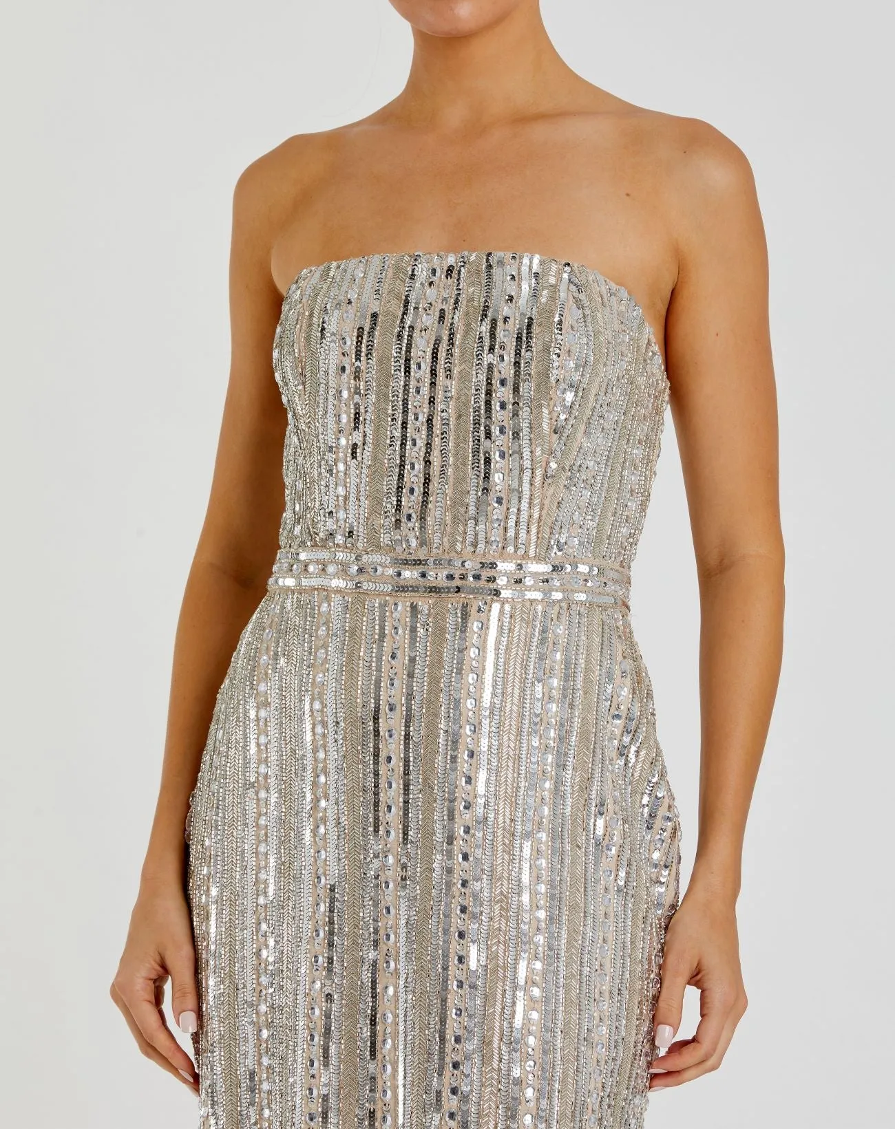 Silver and Beige Embellished Strapless Sheath Dress sold by Mac Duggal product image thumbnail 2