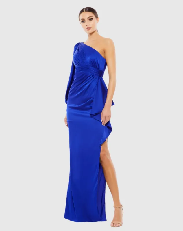 Blue One Shoulder Bishop Sleeve Gown sold by Mac Duggal