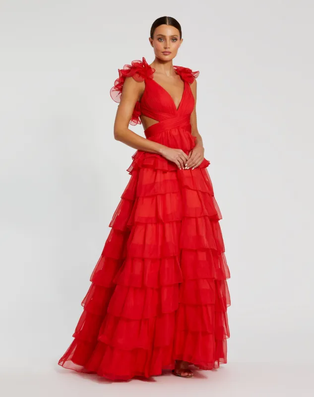 Red Ruffled Lace Up Back Ballgown sold by Mac Duggal