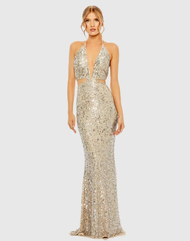 Cut Out Halter Tie Back Sequin Gown sold by Mac Duggal