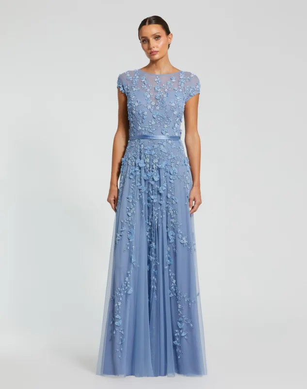 Blue Floral Embellished Cap Sleeve Gown sold by Mac Duggal