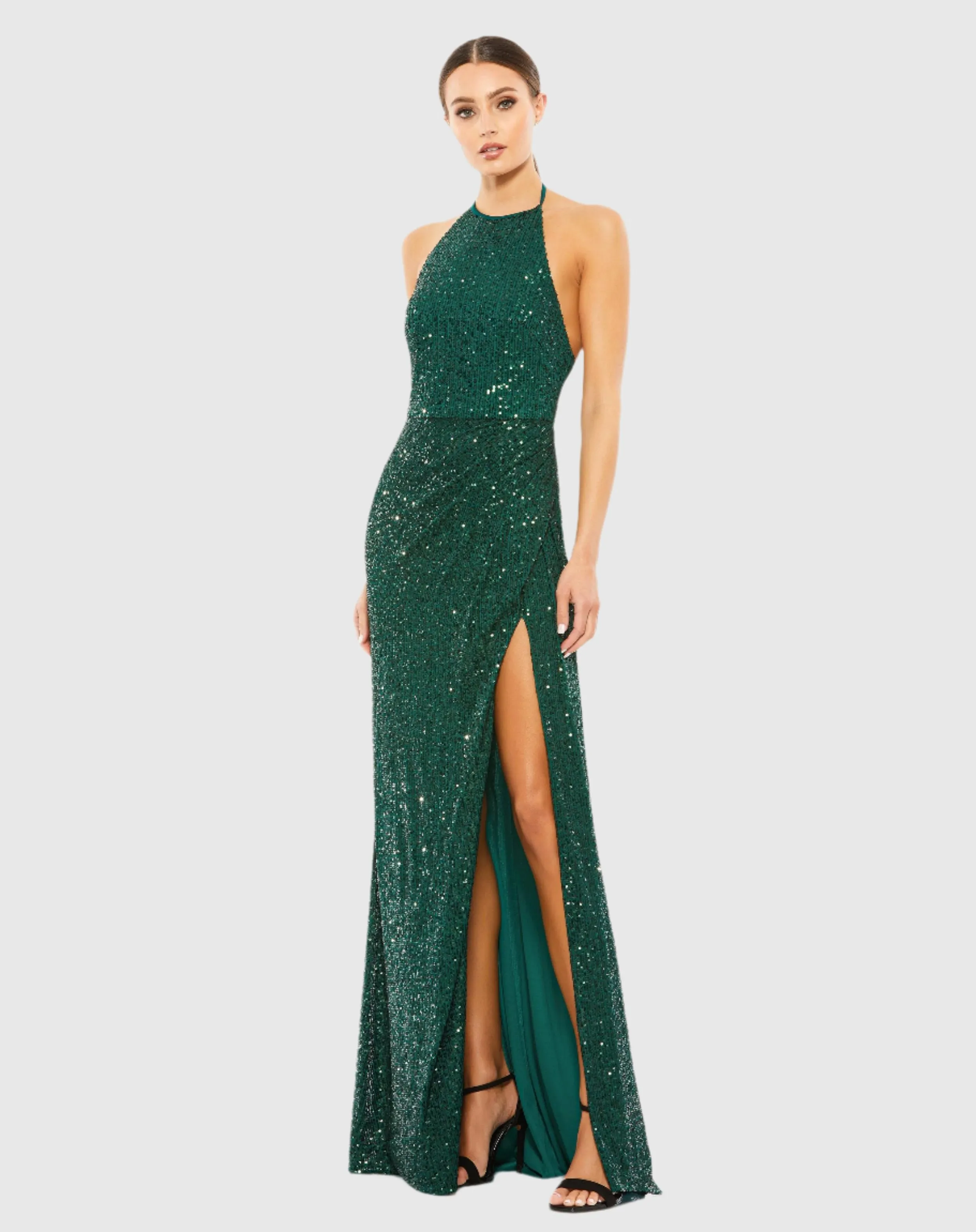 Green Sequin Open Back Halter Neck Gown sold by Mac Duggal
