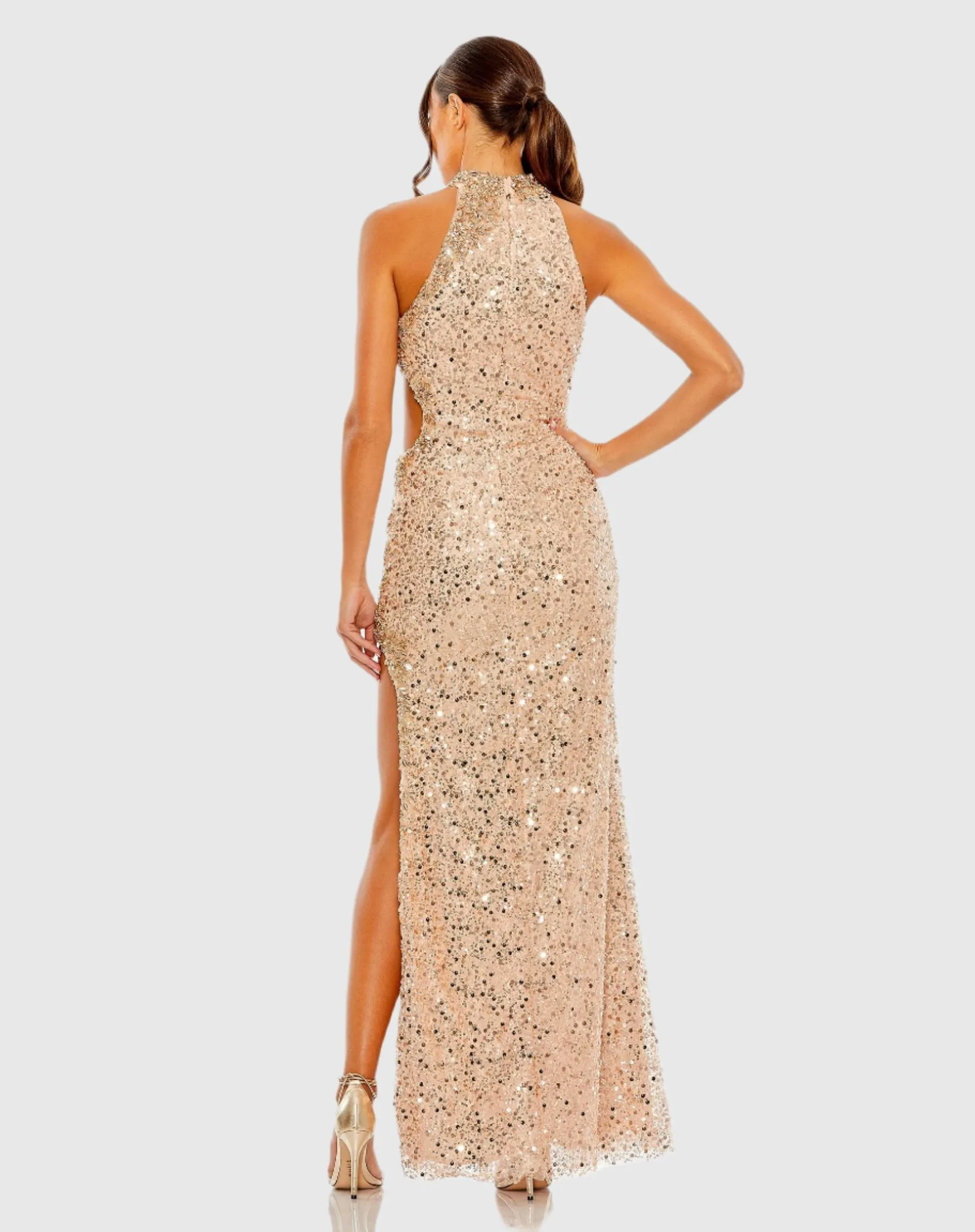 Gold Side Cut Out High Neck Sequin Gown sold by Mac Duggal product image thumbnail 3