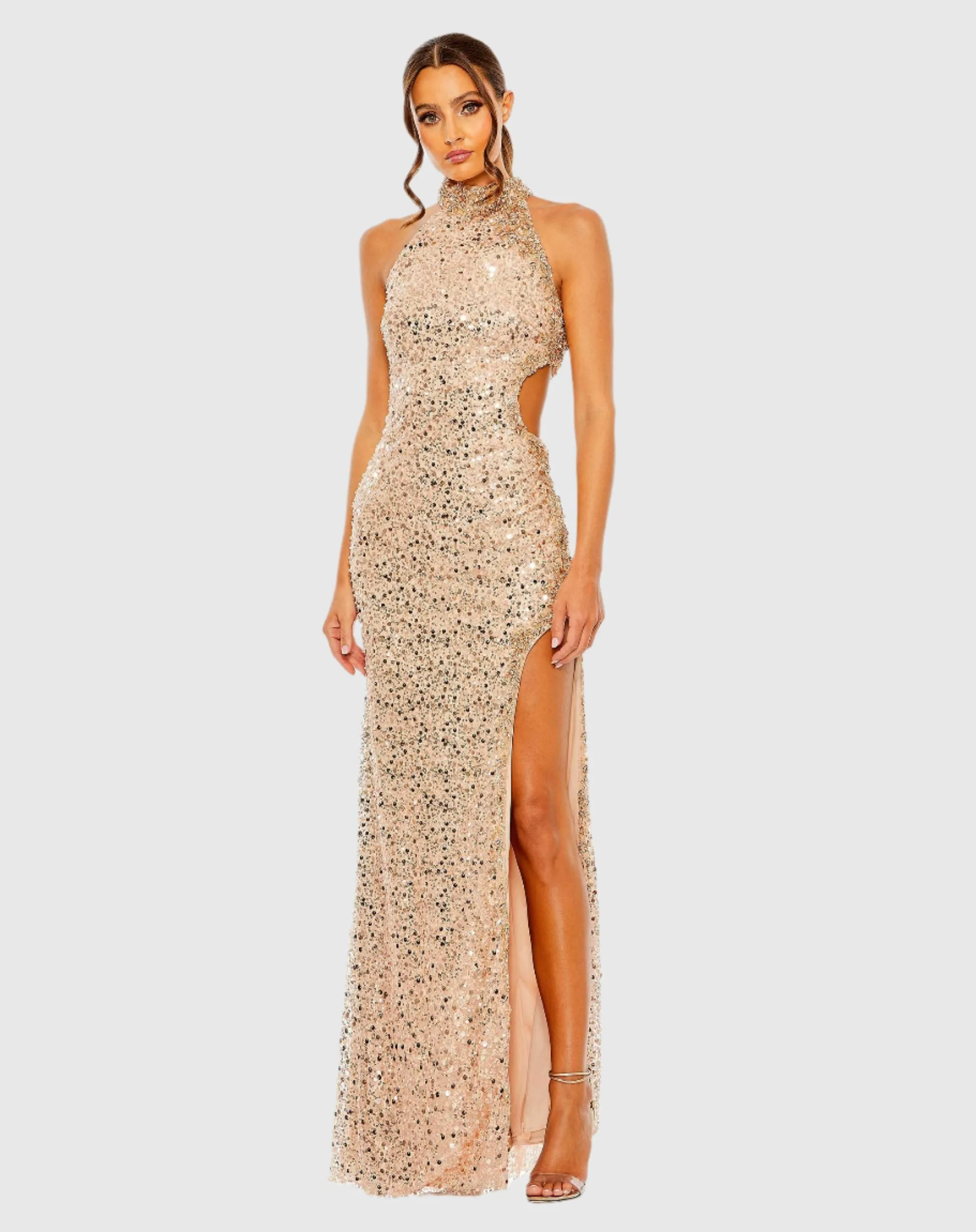 Gold Side Cut Out High Neck Sequin Gown sold by Mac Duggal