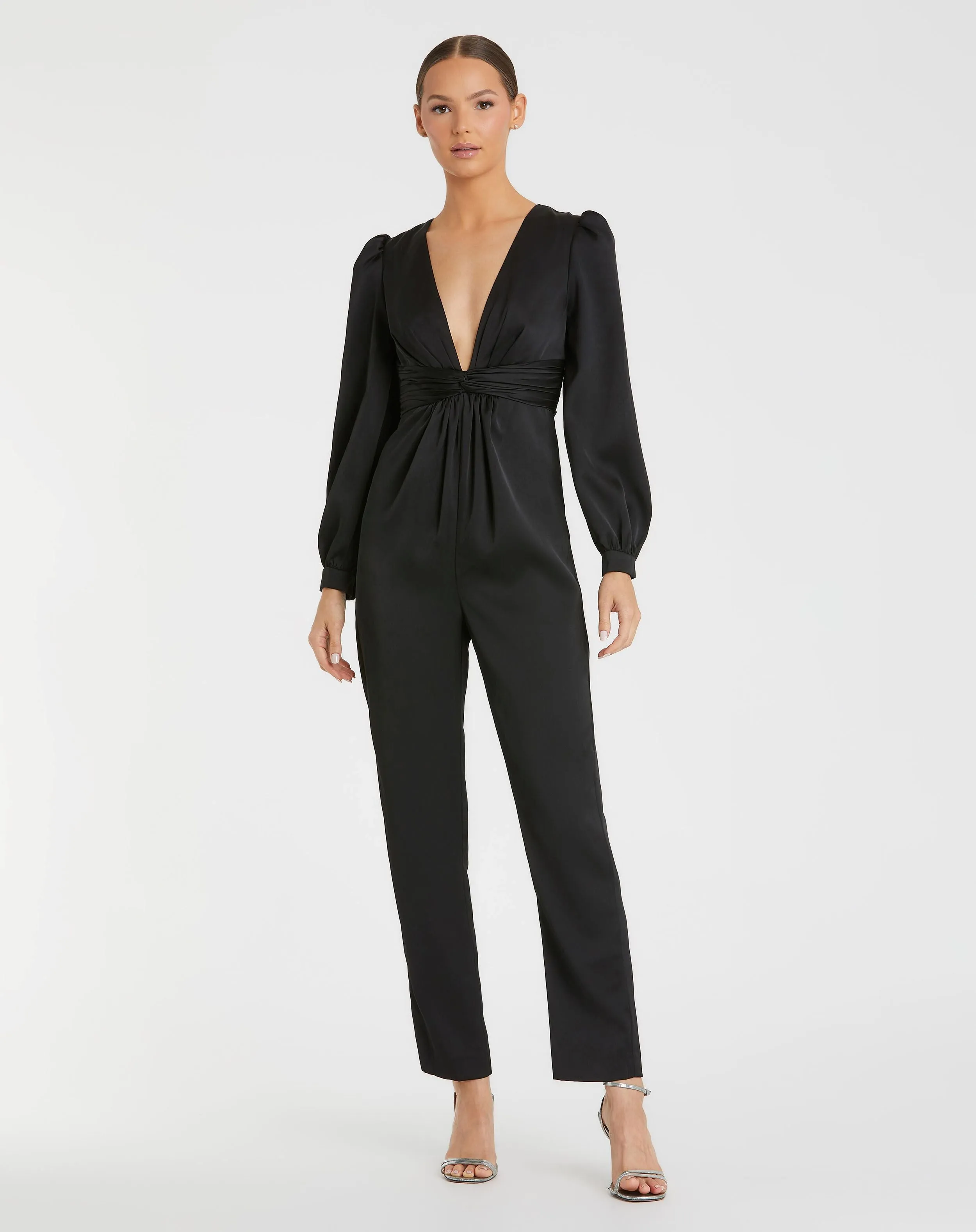 Front Twist Puff Sleeve Deep V Jumpsuit sold by Mac Duggal