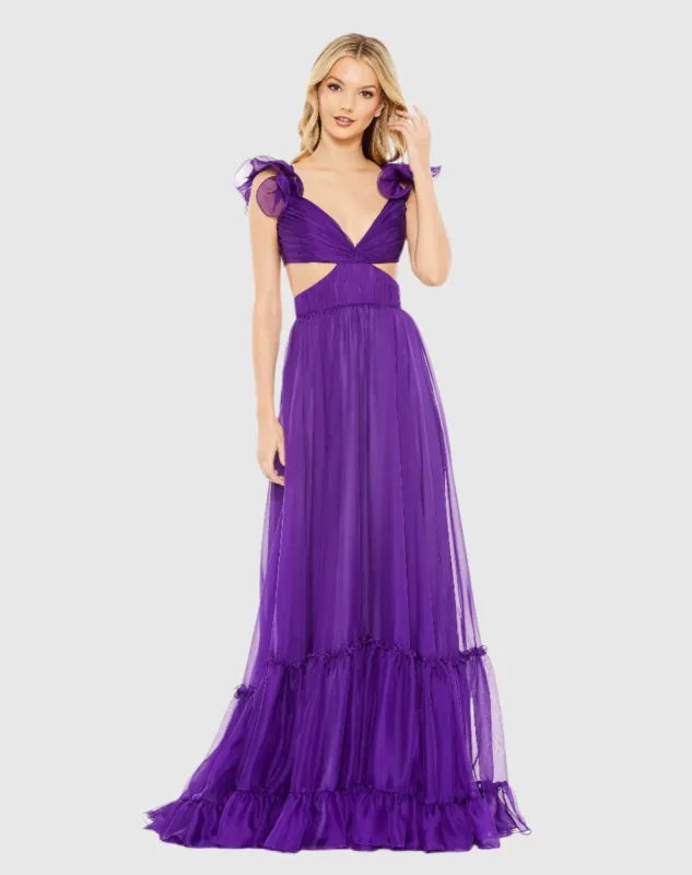 Ruched Ruffled Shoulder Cut Out Lace Up Gown sold by Mac Duggal