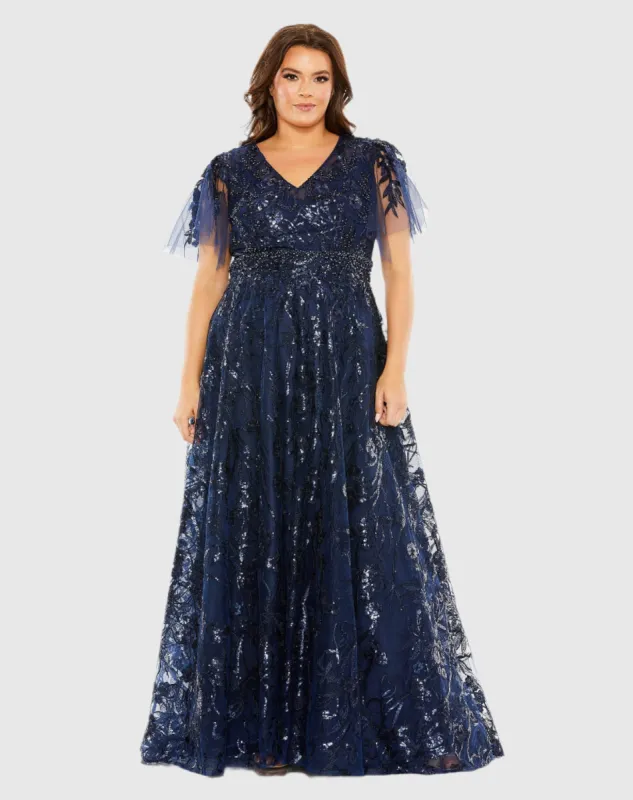 High Neck Flutter Sleeve Embellished A-Line Gown sold by Mac Duggal