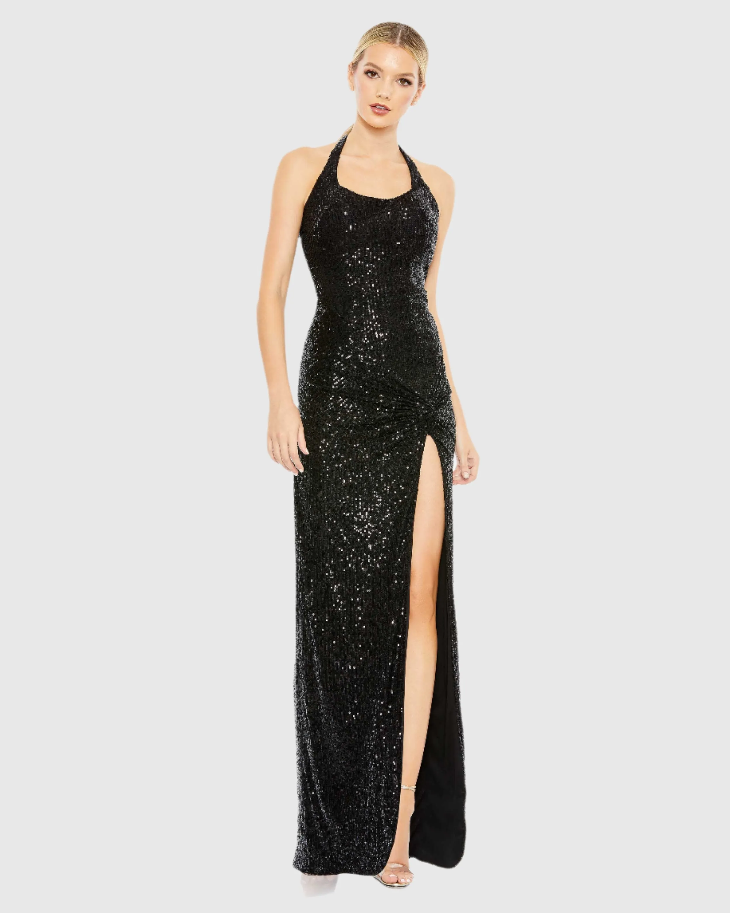 Sequined Halter Strap Low Side Knot Gown sold by Mac Duggal