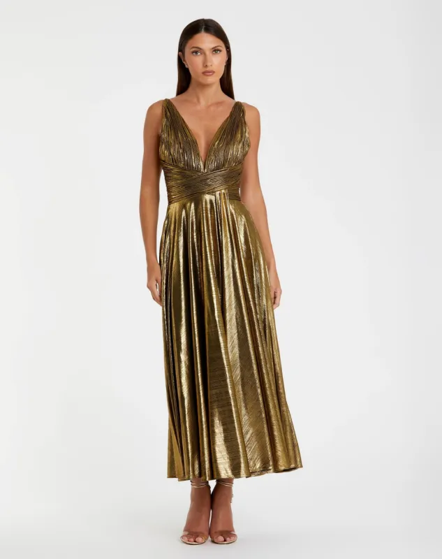 Sleeveless V Neck Pleated Top Metallic Dress sold by Mac Duggal