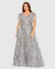 Silver High Neck Flutter Sleeve Embellished A-Line Gown (Plus) sold by Mac Duggal