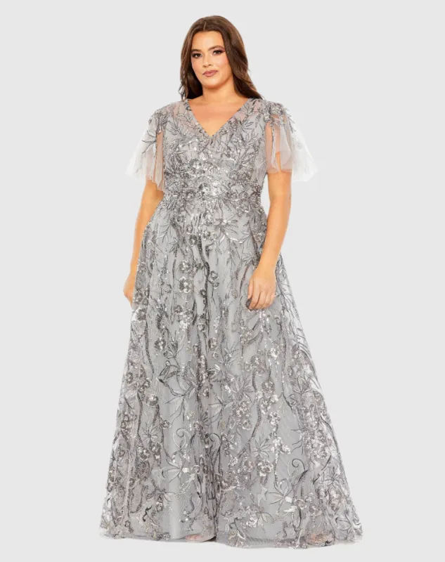 Silver High Neck Flutter Sleeve Embellished A-Line Gown (Plus) sold by Mac Duggal