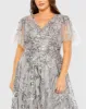 Silver High Neck Flutter Sleeve Embellished A-Line Gown (Plus) sold by Mac Duggal
