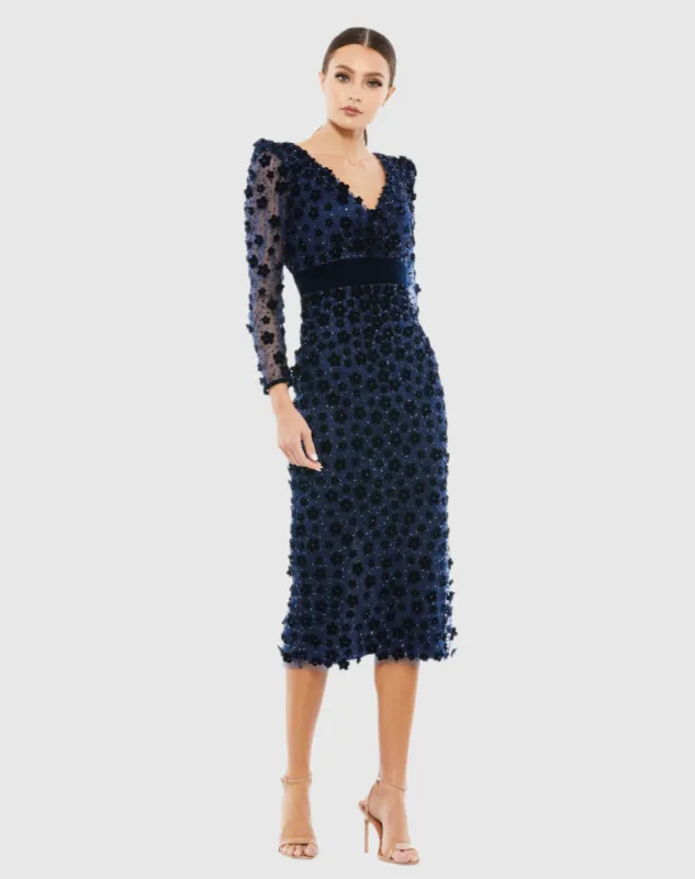 Navy Embellished V Neck Illusion Long Sleeve Sheath Dress sold by Mac Duggal