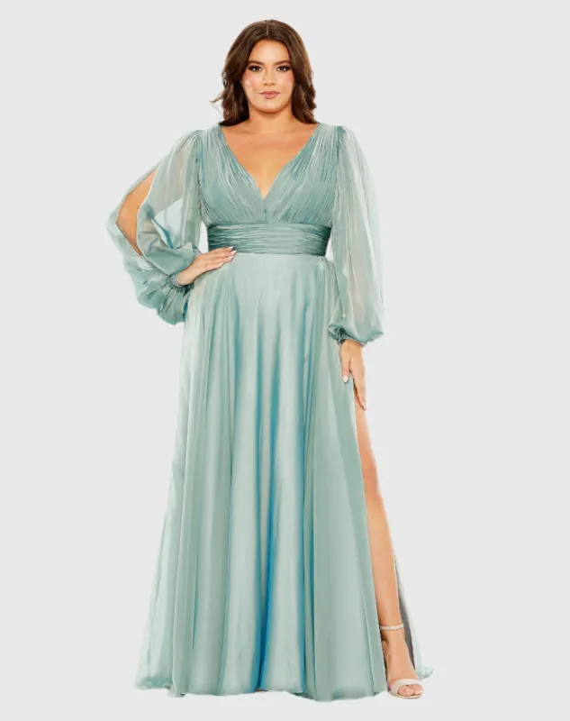 Puff Sleeve w/ Embellished Cuff V Neck A Line Gown sold by Mac Duggal