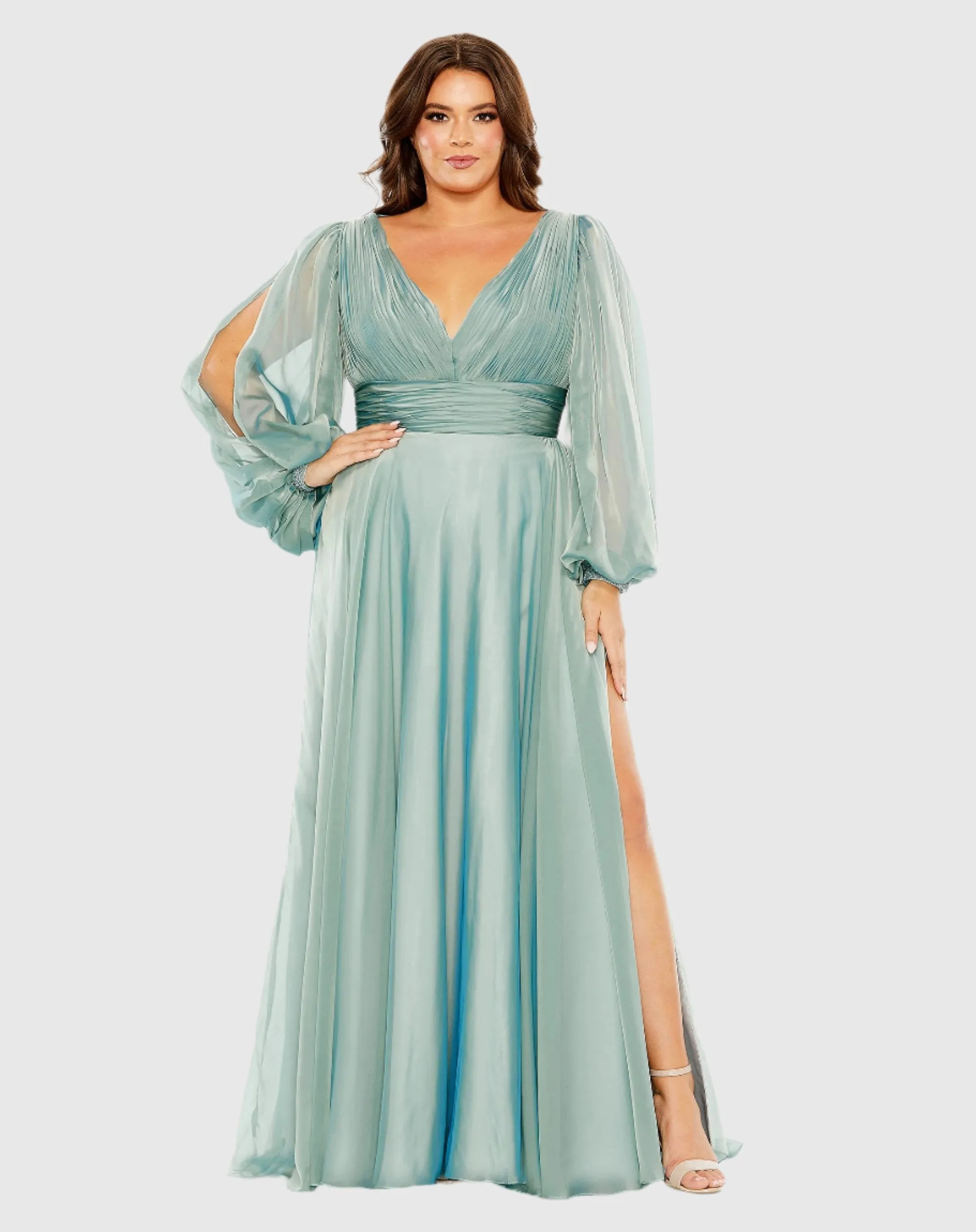 Puff Sleeve w/ Embellished Cuff V Neck A Line Gown sold by Mac Duggal
