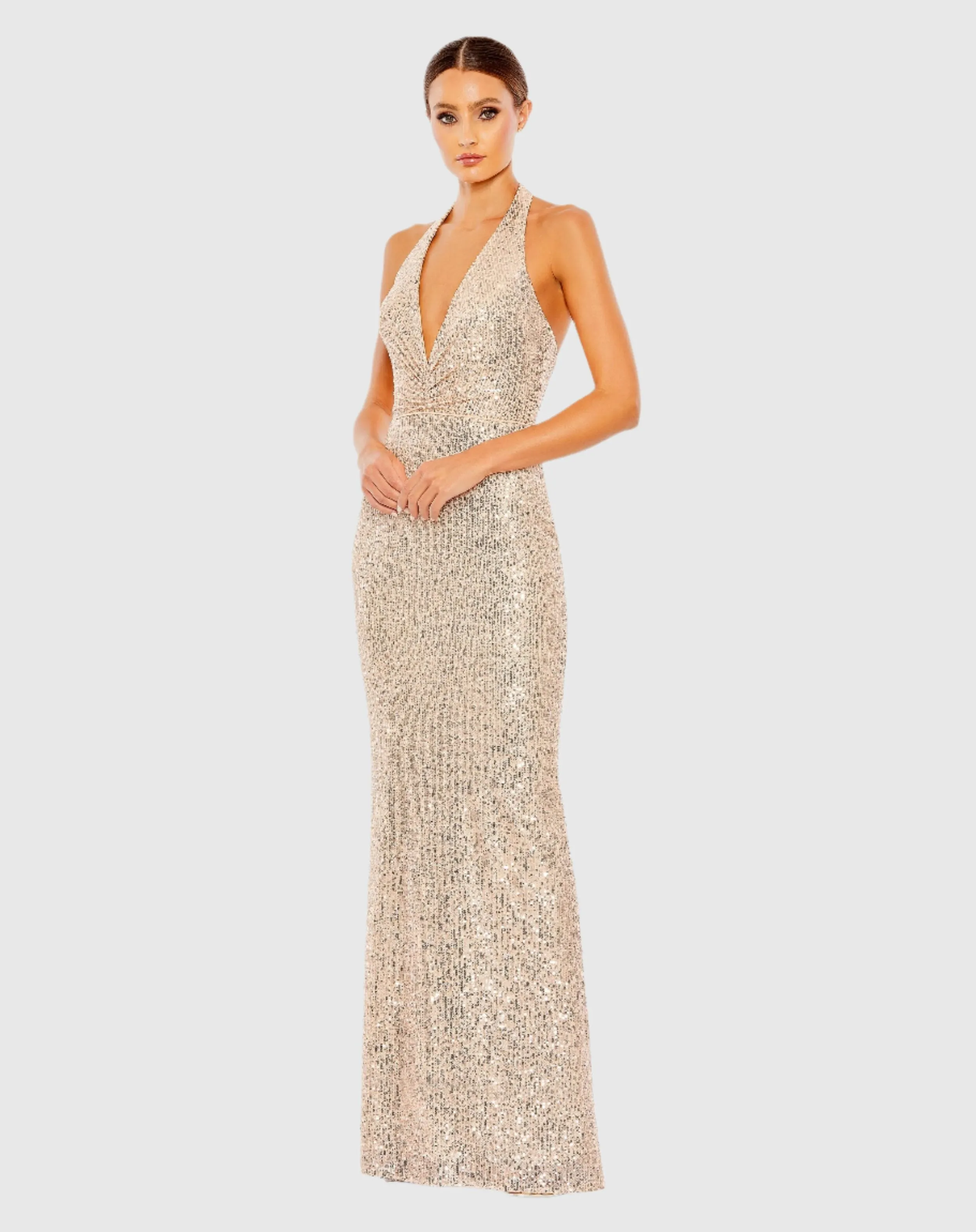 Sequined Halter Strap Plunge Neck Gown sold by Mac Duggal