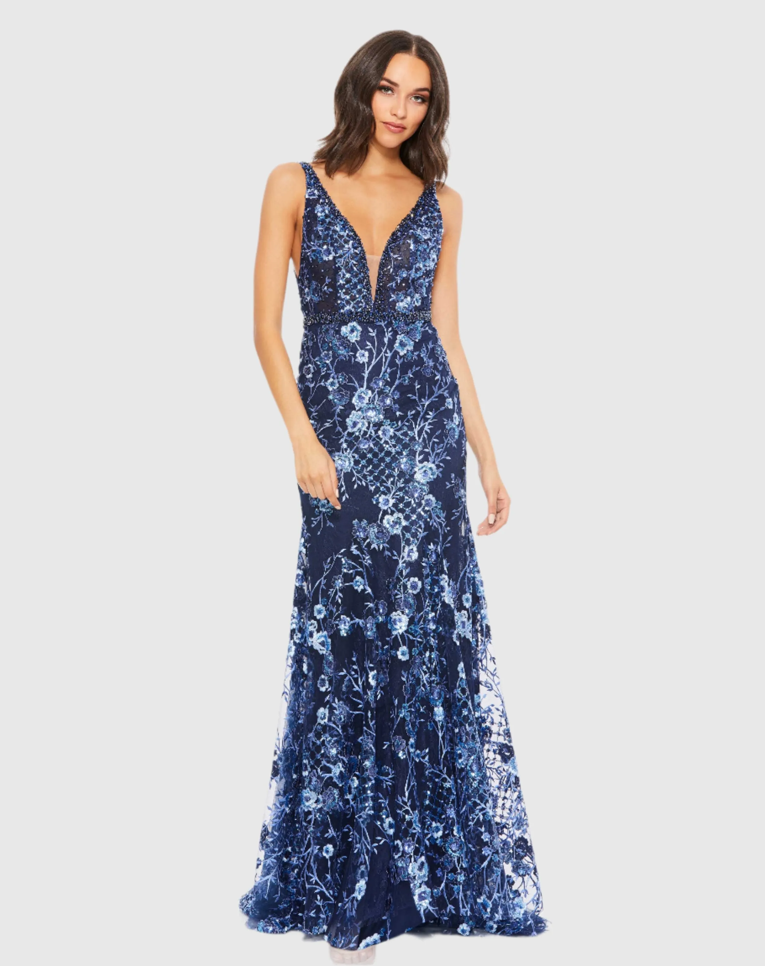 Dark Blue Floral Embellished Sleeveless Plunge Neck Gown sold by Mac Duggal