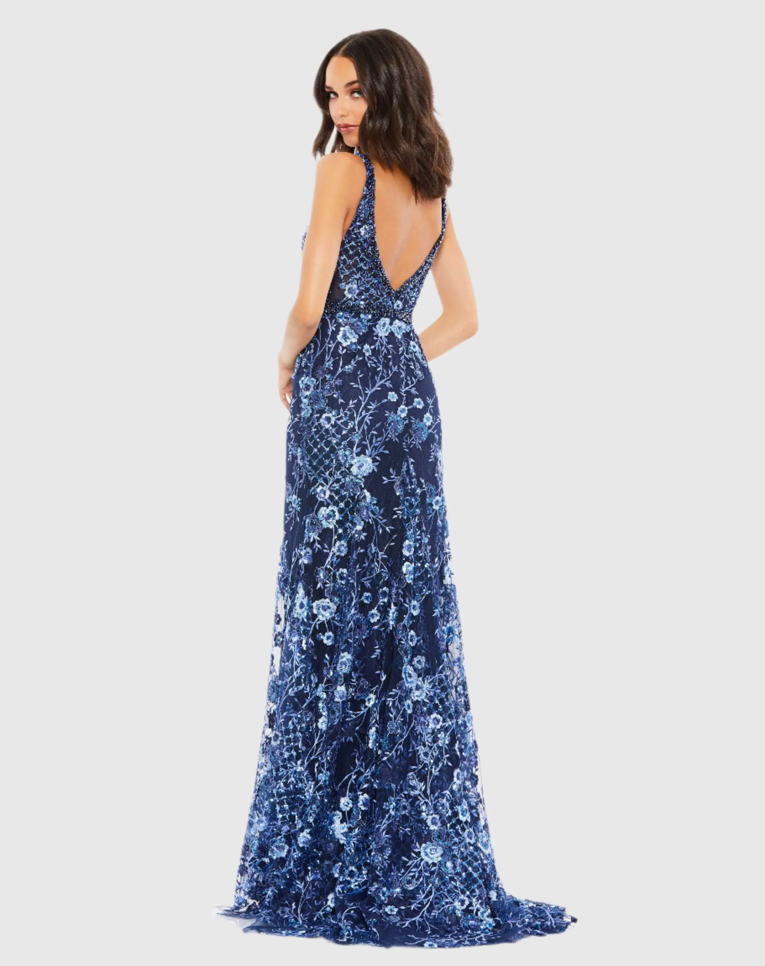 Dark Blue Floral Embellished Sleeveless Plunge Neck Gown sold by Mac Duggal product image thumbnail 3