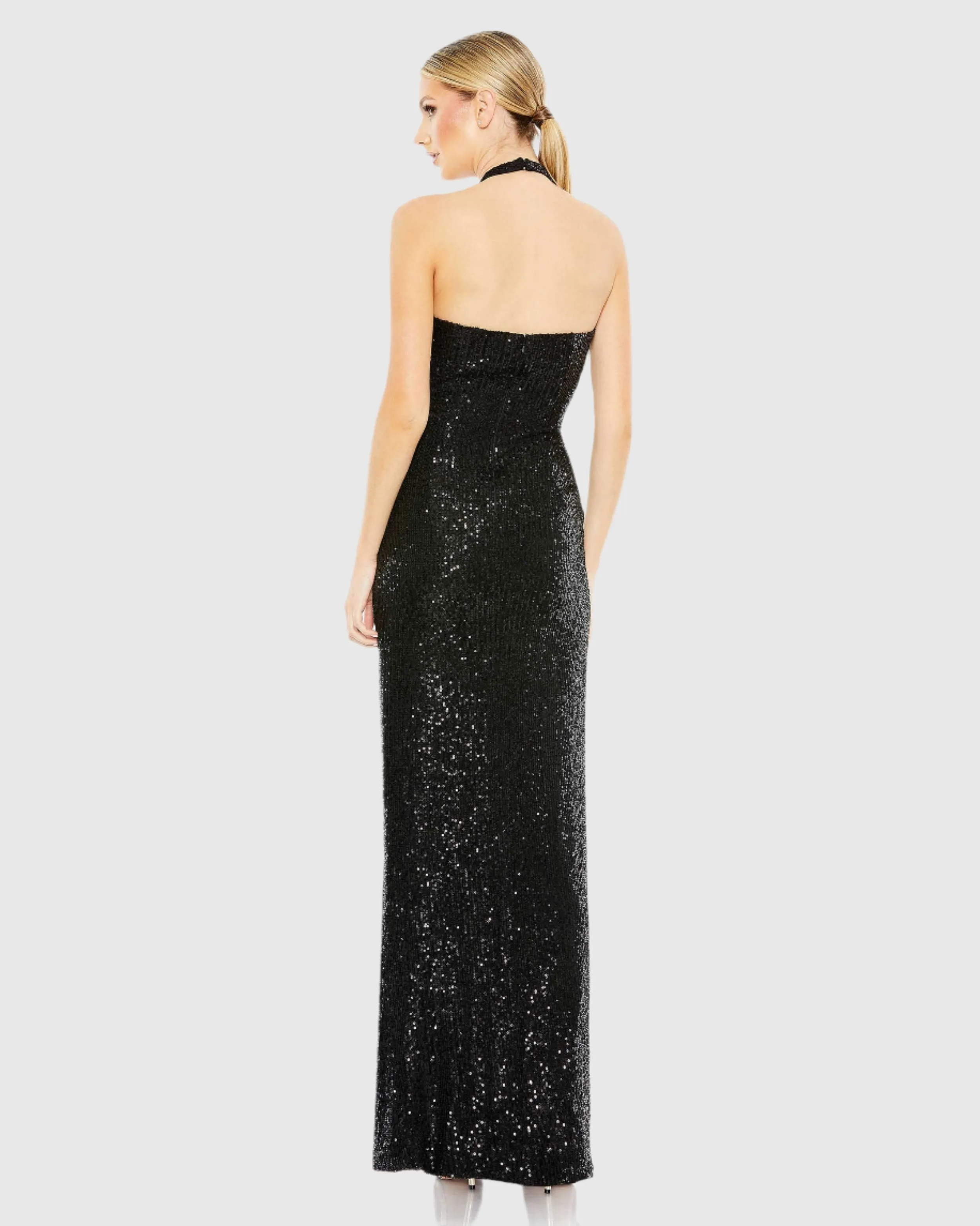 Black Sequined Halter Strap Low Side Knot Gown sold by Mac Duggal product image thumbnail 3